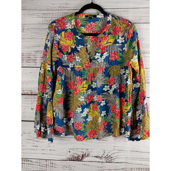Rolypoly Floral Blouse Women's Medium Tropical Bell Sleeves V-Neck Multicolor - Picture 1 of 7